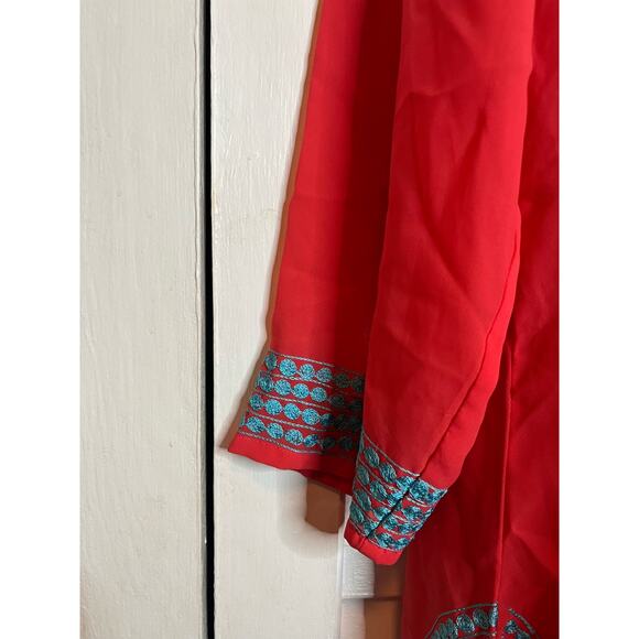 Gretchen Scott Designs silky 100% cotton tunic coral/blue ample fit XS Embroider - Picture 4 of 6